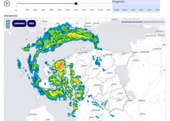 KAUR ILM veebilehe kuvatõmmis radaripildist sademete andmete kohta