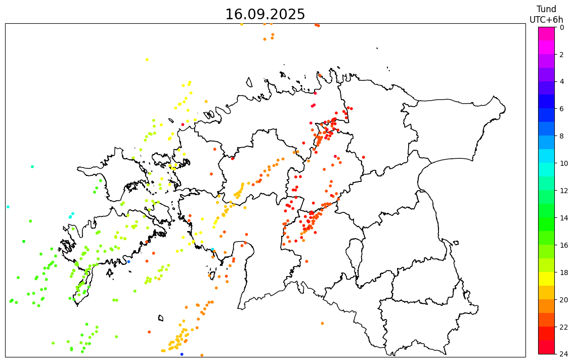 Kaart kujutab registreeritud pilv-maa välke 2025. aasta 16. septembril