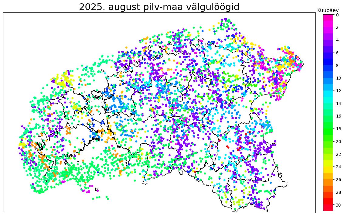 Kaart kujutab registreeritud pilv-maa välke 2025. aasta augustis