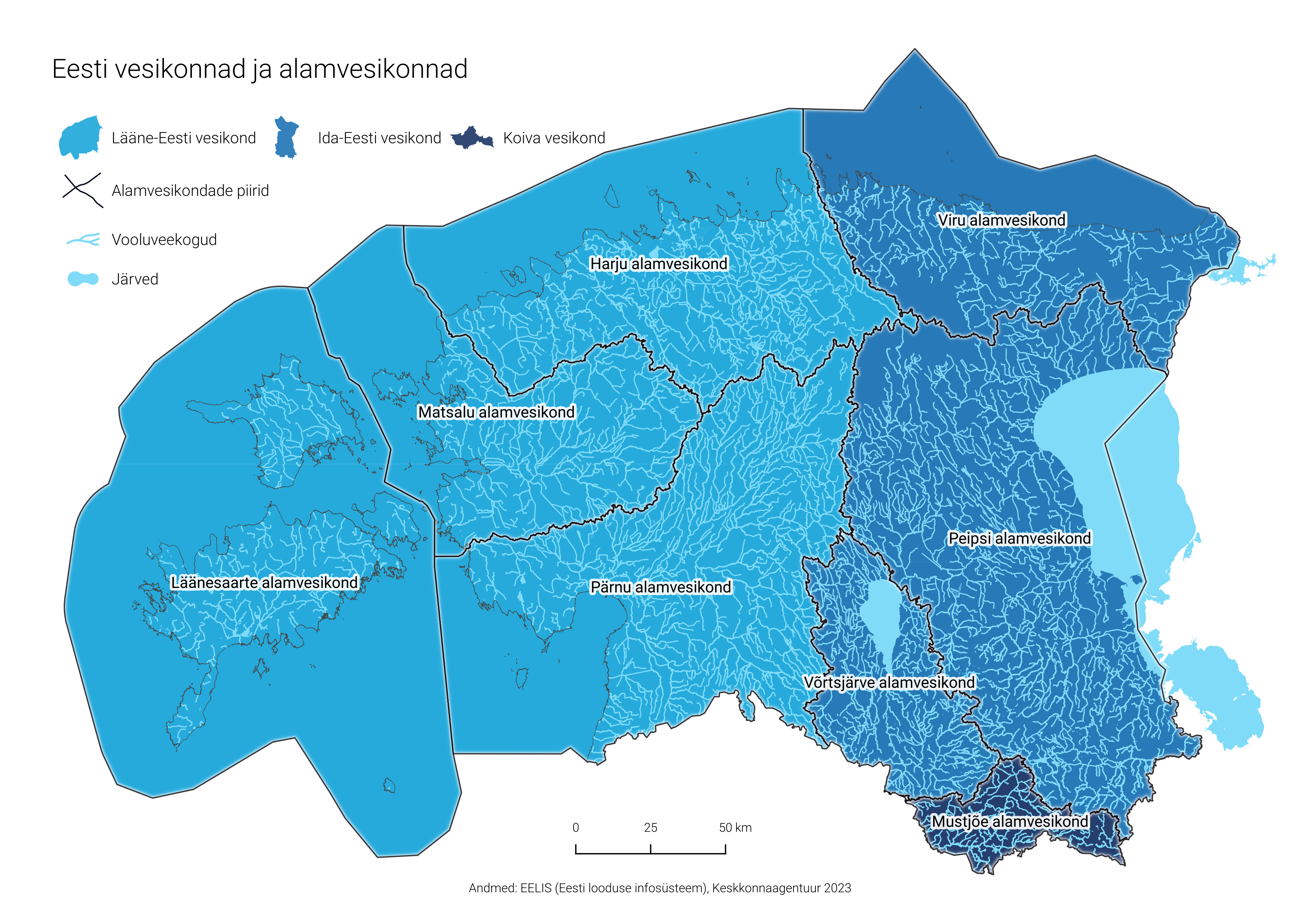 Eesti vesikondade ja alamvesikondade jaotus ja piirid Eesti kaardil