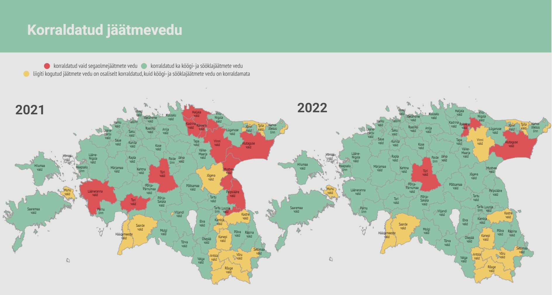 korraldatud jäätmeveo võrdlus eesti kaardil 2021-2022