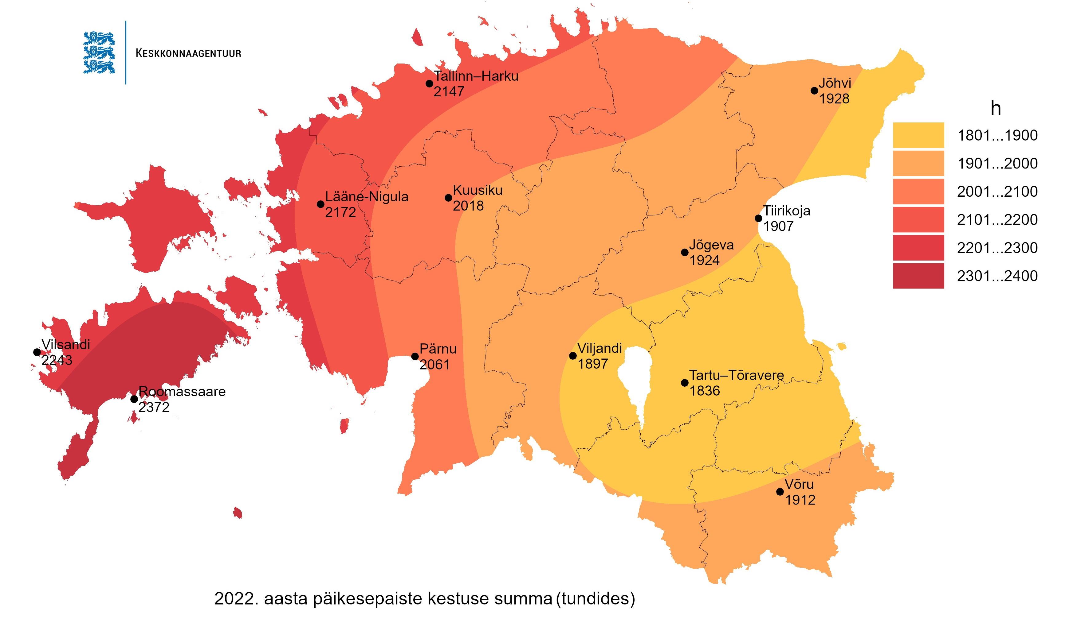 2022. aasta päikesepaiste kestus Eesti kaardil