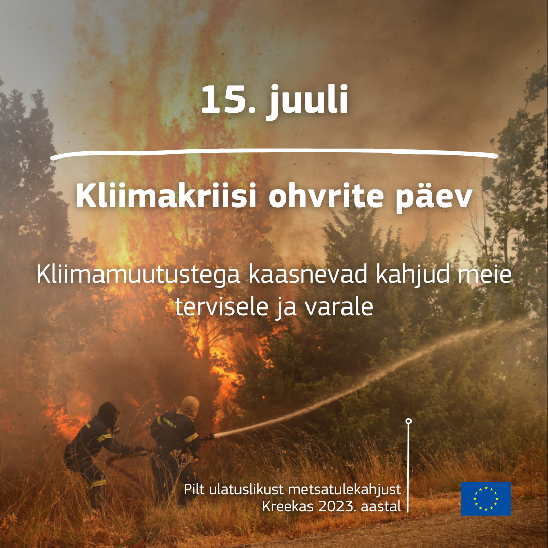 Kliimakriisi ohvrite päeva plakat, taustal ulatuslik metsatulekahju Kreekas 2023. aastal Kliimakriisi ohvrite päeva plakat, taustal ulatuslik metsatulekahju Kreekas 2023. aastal