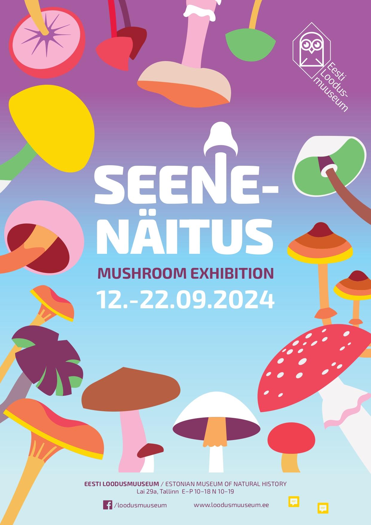 seenenäituse plakat erinevate värviliste seentega
