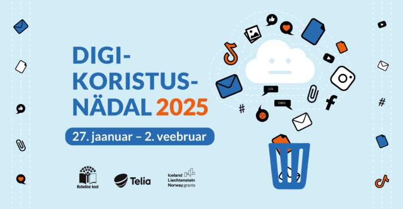 Digikoristusnädala plakat: prügikasti kohal digiandmete ikoonid