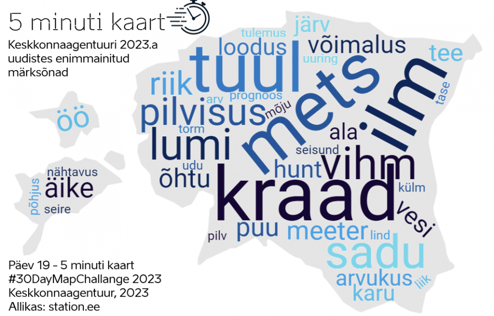 Eesti kaardile kuvatud enim kasutatud sõnad Keskkonnaagentuuri uudistest