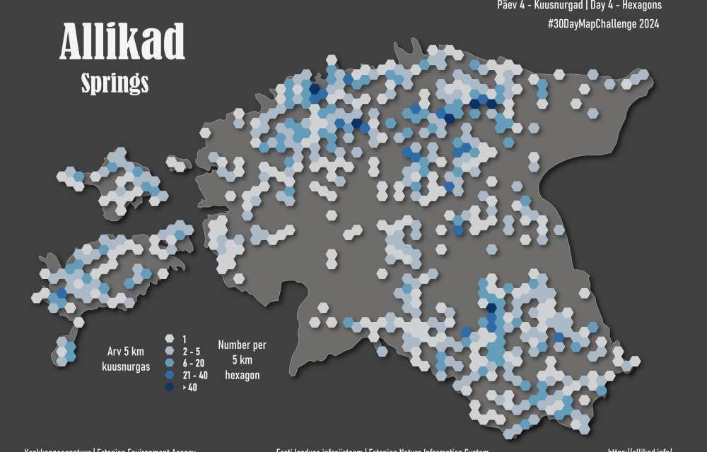 Allikate tiheduskaart kus allikad on märgitud kaardile siniseskaalal kuusnurkadena