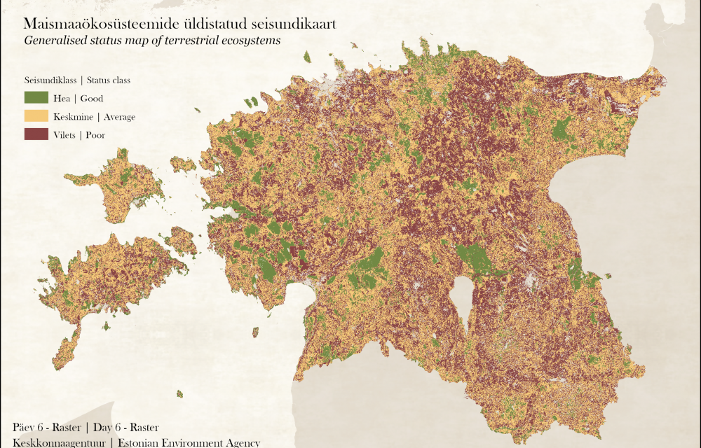 Maismaa ökosüsteemide seisundiklassid erinevate värvidega eesti kaardil