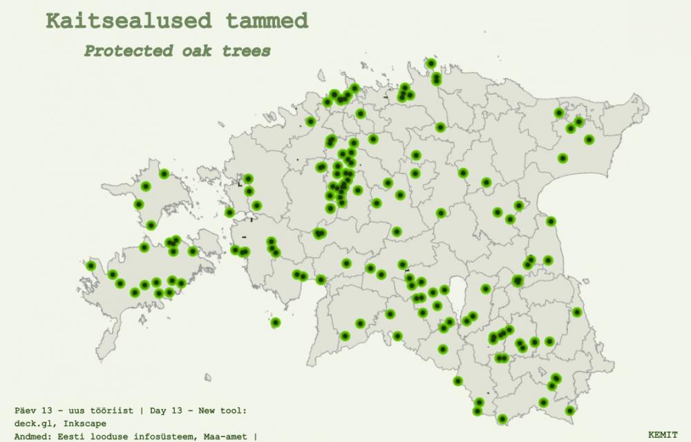 Üksikobjektidena kaitse all olevad tammed roheliste mummudena eesti kaardil