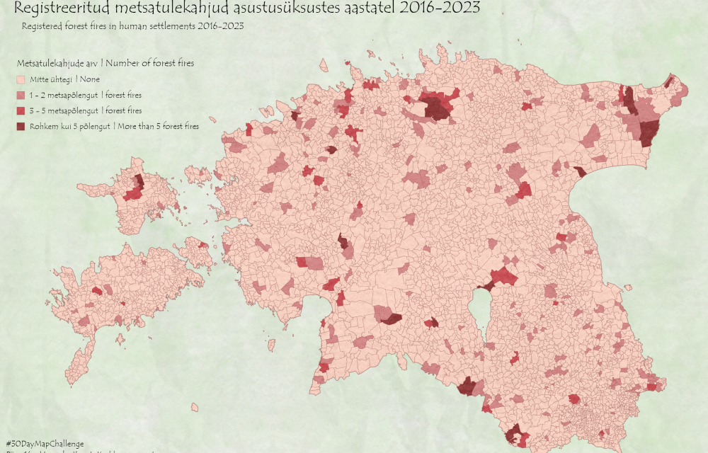 Punaseskaalal kaarti Eesti asustusüksustega, kus on näidatud ära tumedama punasega KOV-id kus on olnud perioodil 2016-2023 rohkem metsapõlenguid