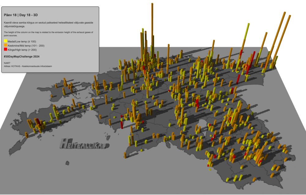 Eesti kaart, kuhu on märgitud kollase-punase skaalal ja erineva kõrgusega silndritena heitallikad
