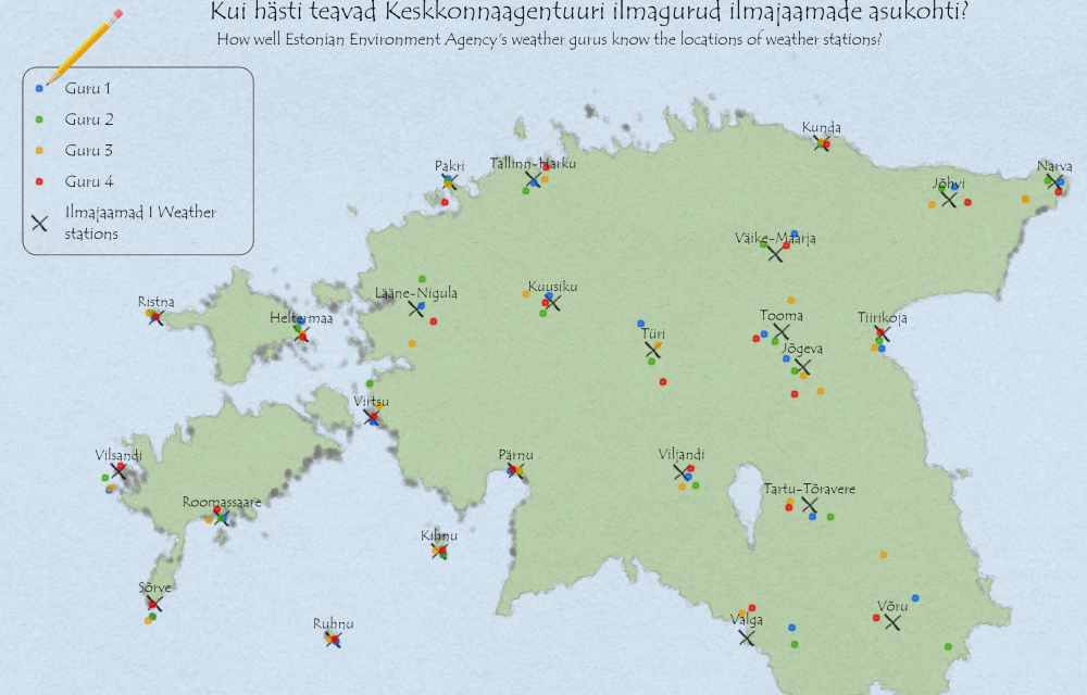 Eesti kaart kuhu inimesed on märkinud  mälu järgi ilmajaamade asukohad