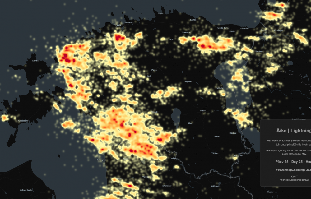 Tumedal Eesti kaardil punase-kollase skaalas äikeselöökide nö heatmap
